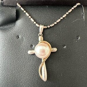 Honora Silver and Gold Cross Necklace with Pearl IBB 925 Chain